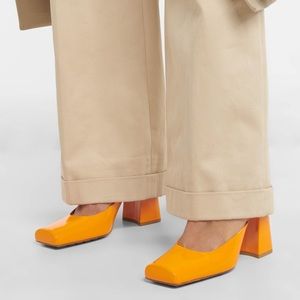 Bottega Venetta Orange Patent Leather Square Toe Tower Mules Size 38.5